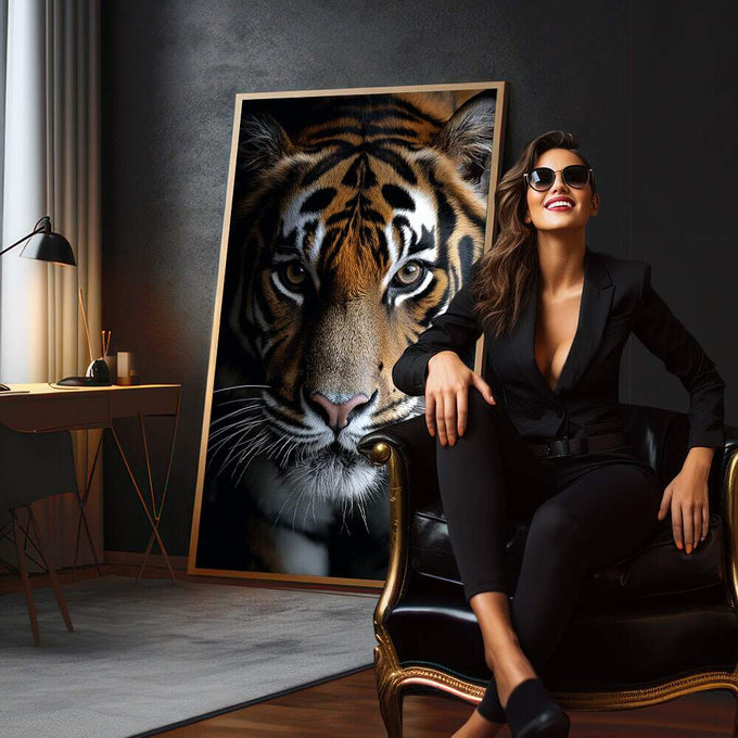 Quadro Decorativo Tigre Majestoso | quadros decorativos para sala | Tigre majestoso em preto e dourado com olhos verdes vibrantes hipnotizantes | em Quadros para Sala | Porao dos Quadros