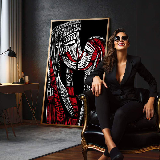 Quadro Decorativo Abraço Emocional Minimalista | quadros decorativos para sala | Sapatos em preto, branco e vermelho com traços expressionistas em composição dinâmica. | em Quadros para Sala | Porao dos Quadros