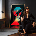 Quadro Decorativo Majestade Azul: Egípcio Moderno | quadros decorativos para sala | Rainha egípcia com coroa dourada em azul e vermelho vibrante com geometria neon contemporânea | em Quadros para Sala | Porao dos Quadros