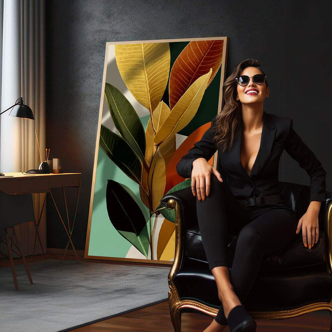Quadro Decorativo Folhas Estilosas Natureza Moderna | quadros decorativos para sala | Folhagem tropical com folhas em tons dourados, vermelhos e verdes em composição botânica elegante | em Quadros para Sala | Porao dos Quadros