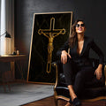 Quadro Decorativo Cristo Dourado em Serenidade | quadros decorativos para sala | Crucifixo dourado em fundo preto com moldura geométrica e acabamento em mármores luxuosos | em Quadros para Sala | Porao dos Quadros