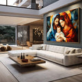 Quadro Decorativo Sagrada Família Moderna | quadros decorativos para sala | Sagrada Família em composição geométrica abstrata com triângulos em tons de azul, laranja e dourado. | em Quadros para Sala | Porao dos Quadros