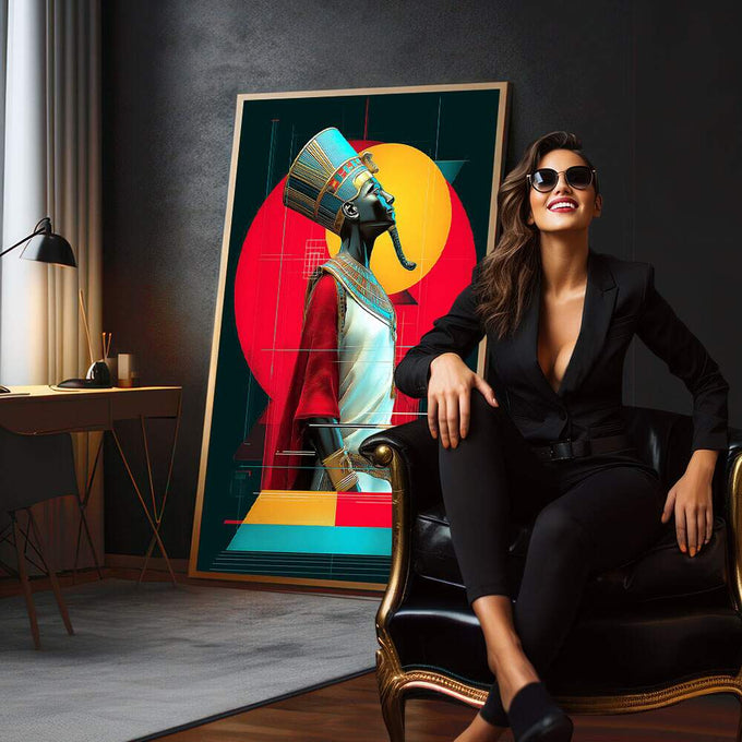 Quadro Majestade Geométrica Moderna | quadros decorativos para sala | Nefertiti em tons azuis e pretos com círculo vermelho-alaranjado sobre fundo verde-escuro em composição geométrica contemporânea | em Quadros para Sala | Porao dos Quadros