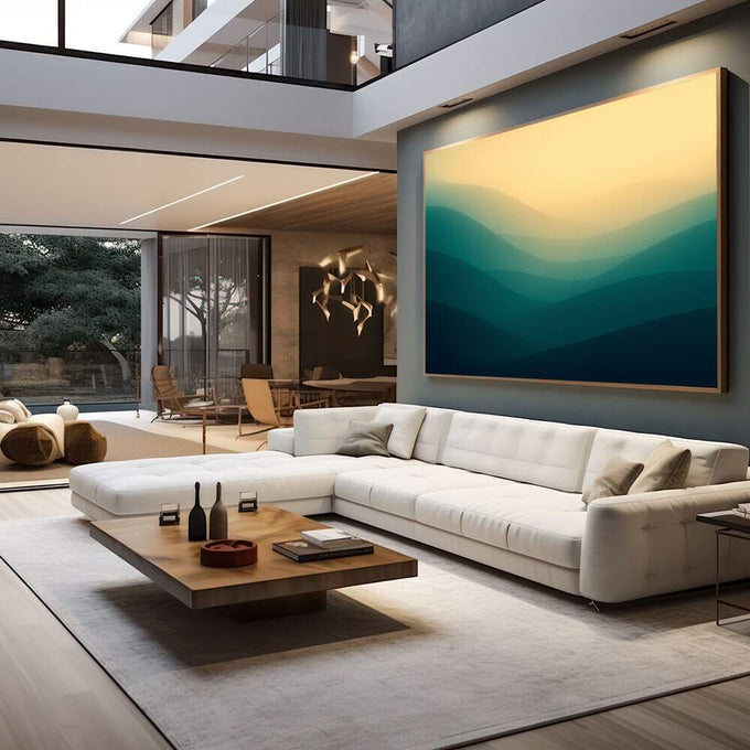 Quadro Decorativo Harmonia Minimalista Serena | quadros decorativos para sala | Montanhas em camadas com tons azuis profundos e céu dourado ao amanhecer, composição minimalista abstrata | em Quadros para Sala | Porao dos Quadros