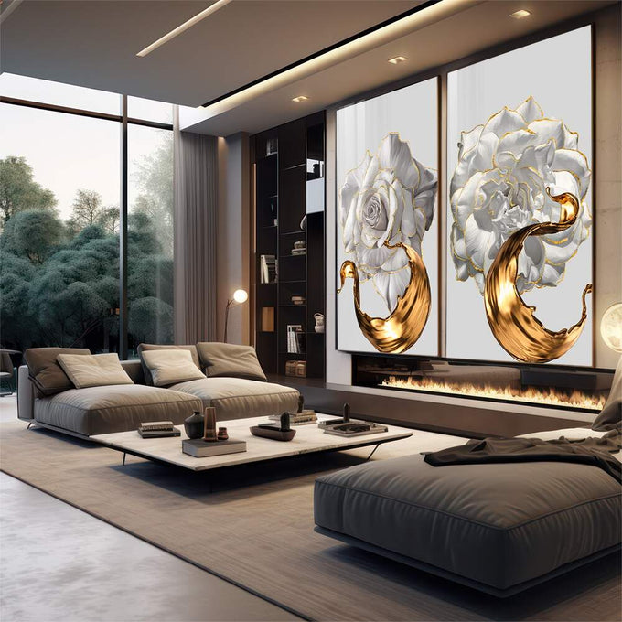 Quadro Decorativo: Sinfonia Floral em Tons Pastéis | quadros decorativos para sala | Rosas brancas volumosas com detalhes fluindo em dourado metálico em composição realista e luxuosa | em Quadros para Sala | Porao dos Quadros