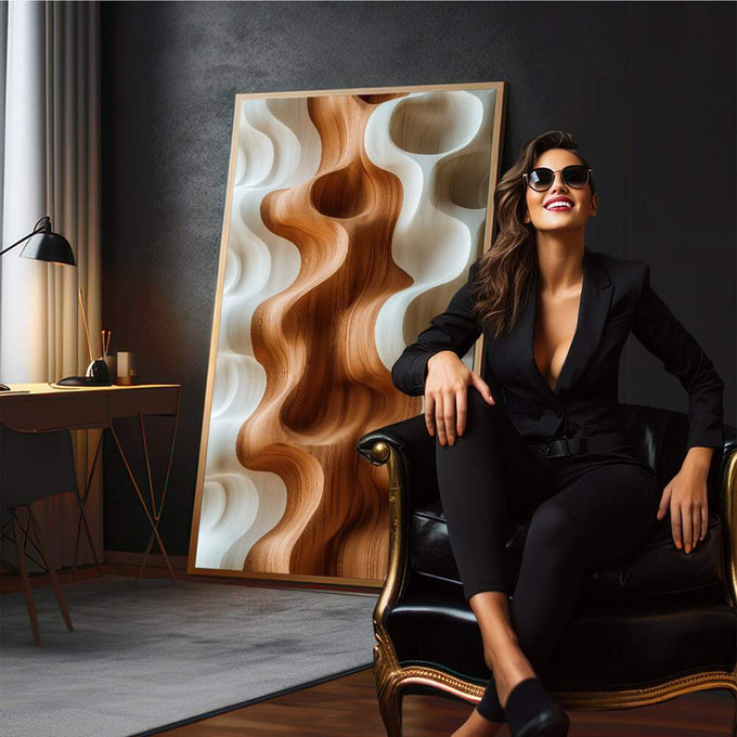 Quadro Decorativo Minimalista Fluido | quadros decorativos para sala | Ondas abstratas em tons quentes de madeira e branco luminoso com composição dinâmica | em Quadros para Sala | Porao dos Quadros