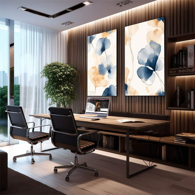 Quadro Decorativo Elegância Floral Dupla de Flores Abstratas | quadros decorativos para sala | Flores em aquarela azul e bege em composição delicada e refinada | em Quadros para Sala | Porao dos Quadros