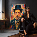 Quadro Decorativo Retrato Estilizado | quadros decorativos para sala | Homem com cartola e bigode em expressionismo vibrante com fundo colorido em azul e laranja | em Quadros para Sala | Porao dos Quadros