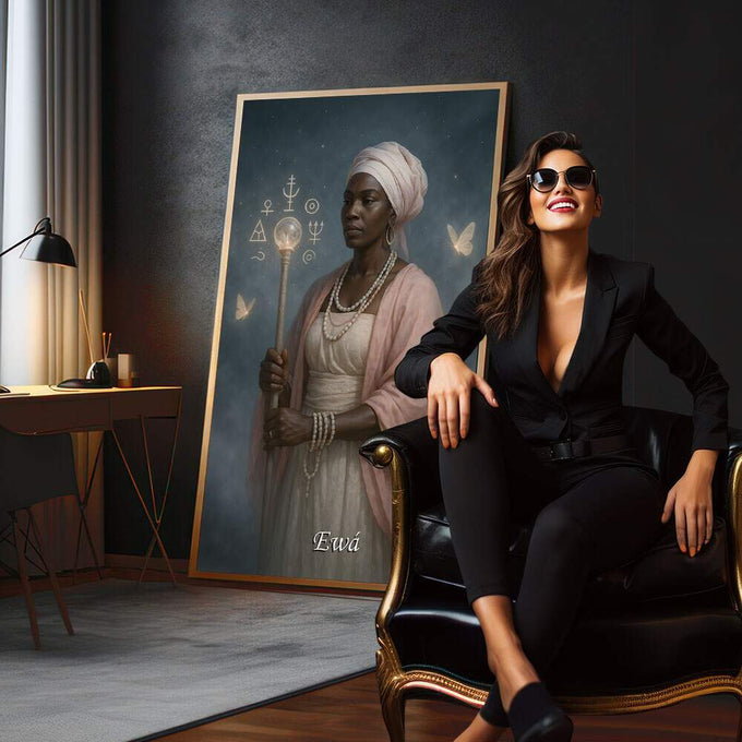 Quadro Decorativo Orixá Ewá: Força e Serenidade | quadros decorativos para sala | Mulher afrodescendente com turbante e símbolos espirituais em fundo azul profundo. | em Quadros para Sala | Porao dos Quadros