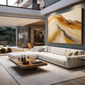 Quadro Decorativo Abstração com Harmonia e Estilo | quadros decorativos para sala | Composição abstrata com fluxos de ouro e bege em tons quentes e traços negros | em Quadros para Sala | Porao dos Quadros