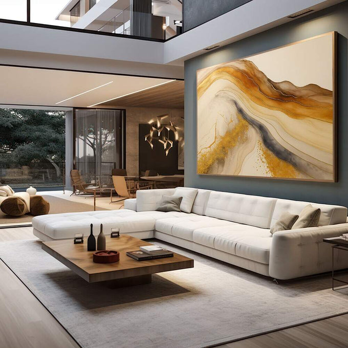 Quadro Decorativo Abstração com Harmonia e Estilo | quadros decorativos para sala | Composição abstrata com fluxos de ouro e bege em tons quentes e traços negros | em Quadros para Sala | Porao dos Quadros