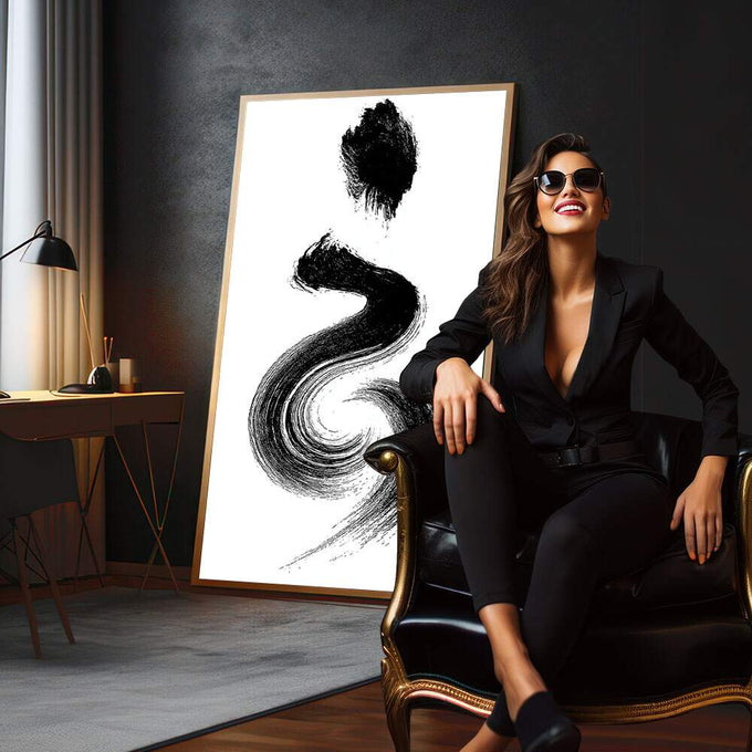 Quadro Decorativo Pincelada em Preto e Branco | quadros decorativos para sala | Traços abstratos em preto e branco descrevem formas orgânicas e ondulantes em composição gestual | em Quadros para Sala | Porao dos Quadros