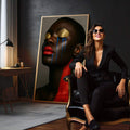 Quadro Decorativo Retrato da Resistência | quadros decorativos para sala | Retrato feminino com pele escura, ouro nos olhos, lágrimas azuis e boca vermelha em composição artística. | em Quadros para Sala | Porao dos Quadros