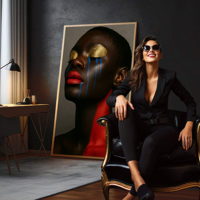 Quadro Decorativo Retrato da Resistência | quadros decorativos para sala | Retrato feminino com pele escura, ouro nos olhos, lágrimas azuis e boca vermelha em composição artística. | em Quadros para Sala | Porao dos Quadros