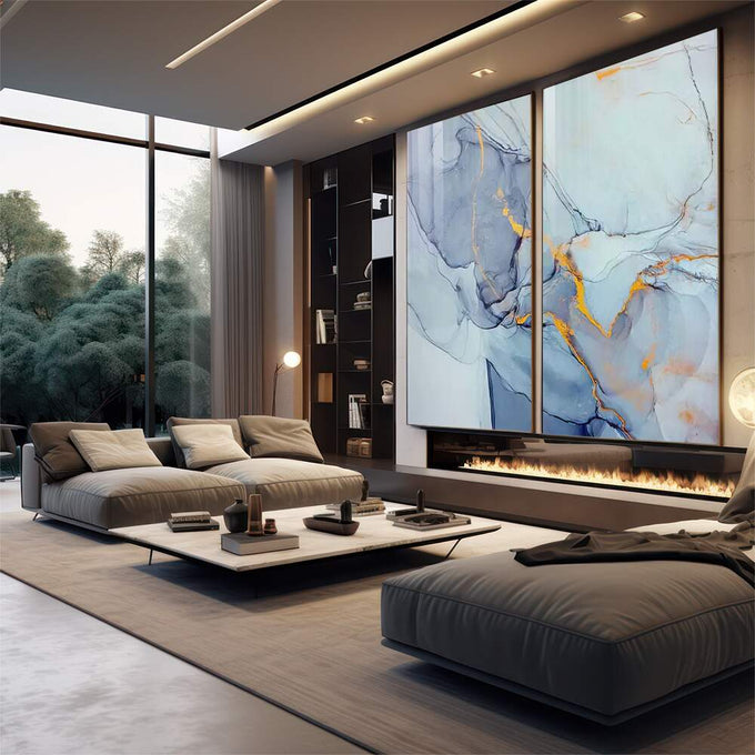 Quadro Decorativo Revela Sua Essência: Harmonia Azul e Amarelo | quadros decorativos para sala | Díptico abstrato com tons de azul, roxo e dourado em composição fluida e delicada. | em Quadros para Sala | Porao dos Quadros
