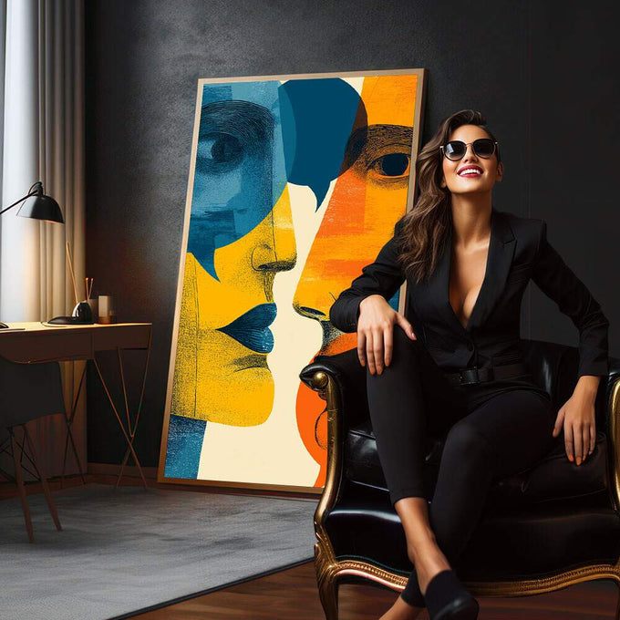 Quadro Decorativo Conexão Vibrante | quadros decorativos para sala | Três rostos abstratos sobrepostos em azul, laranja, amarelo e branco em composição geométrica moderna | em Quadros para Sala | Porao dos Quadros