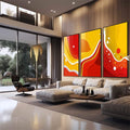 Quadro Decorativo Alegria em Três Painéis | quadros decorativos para sala | Três telas com fluxo abstrato em vermelho, amarelo e branco em movimento dinâmico | em Quadros para Sala | Porao dos Quadros