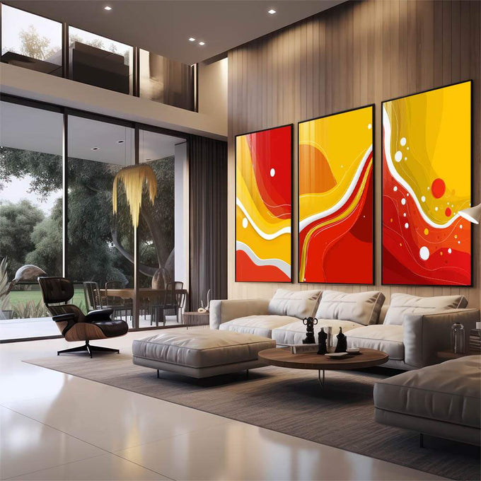 Quadro Decorativo Alegria em Três Painéis | quadros decorativos para sala | Três telas com fluxo abstrato em vermelho, amarelo e branco em movimento dinâmico | em Quadros para Sala | Porao dos Quadros