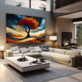 Quadro Decorativo Árvore do Entardecer | quadros decorativos para sala | Árvore de copa vermelha e alaranjada em paisagem desértica com tons azuis e ocre, composição surrealista e dinâmica. | em Quadros para Sala | Porao dos Quadros