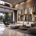 Quadro Decorativo Abstrato Azul e Dourado | quadros decorativos para sala | Composição abstrata com blocos de dourado, azul e cinza em movimento vertical dinâmico | em Quadros para Sala | Porao dos Quadros