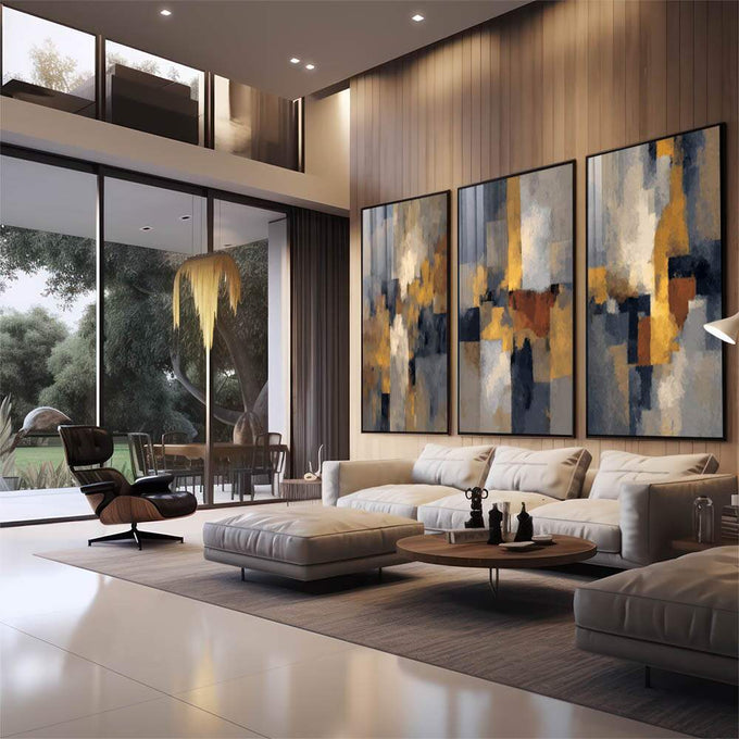 Quadro Decorativo Abstrato Azul e Dourado | quadros decorativos para sala | Composição abstrata com blocos de dourado, azul e cinza em movimento vertical dinâmico | em Quadros para Sala | Porao dos Quadros