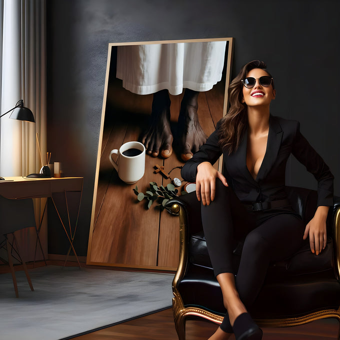 Pés descalços de Preto Velho em roupa branca com café, terço e folhas sobre madeira, quadro decorativo