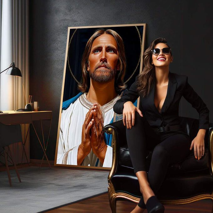 Quadro Decorativo Série de Oração: Religioso Serene | quadros decorativos para sala | Figura em oração com auréola dourada sobre fundo negro, vestes azuis e brancas em composição realista. | em Quadros para Sala | Porao dos Quadros