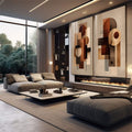 Quadro Decorativo Abstrato Aconchegante | quadros decorativos para sala | Duas telas com abstratos geométricos em tons terracota, bege e marrom com círculos e linhas verticais. | em Quadros para Sala | Porao dos Quadros