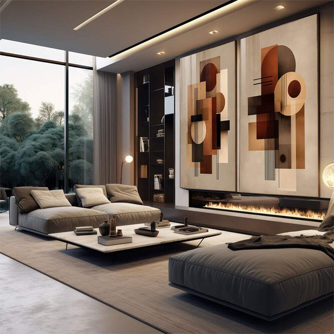 Quadro Decorativo Abstrato Aconchegante | quadros decorativos para sala | Duas telas com abstratos geométricos em tons terracota, bege e marrom com círculos e linhas verticais. | em Quadros para Sala | Porao dos Quadros
