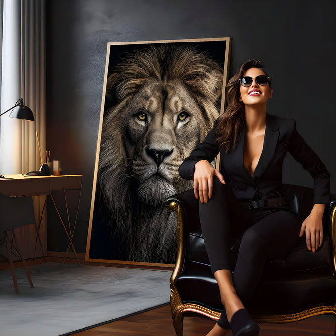 Retrato realista de leão de frente com olhar âmbar e juba marrom sobre fundo escuro, quadro decorativo