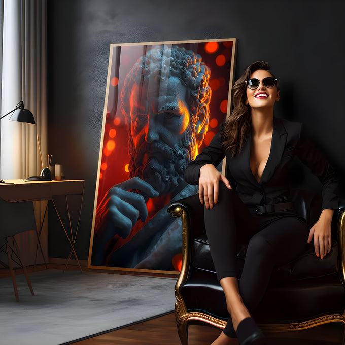 Estátua grega de filósofo barbado pensativo com luz vermelha e fundo bokeh, quadro decorativo