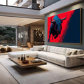 Quadro Decorativo do Touro Moderno | quadros decorativos para sala | Touro azul em movimento dinâmico sobre fundo vermelho intenso em estilo pop art. | em Quadros para Sala | Porao dos Quadros