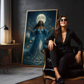 Quadro Decorativo Orixá Iemanjá: Rainha do Mar | quadros decorativos para sala | Deusa da lua em veste azul contra lua cheia, com braços abertos e aura dourada em composição realista. | em Quadros para Sala | Porao dos Quadros