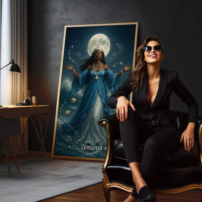 Quadro Decorativo Orixá Iemanjá: Rainha do Mar | quadros decorativos para sala | Deusa da lua em veste azul contra lua cheia, com braços abertos e aura dourada em composição realista. | em Quadros para Sala | Porao dos Quadros