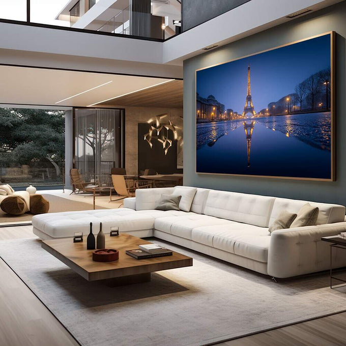 Quadro Decorativo Torre Eiffel Noturna | quadros decorativos para sala | Torre Eiffel iluminada à noite refletida em água azul escuro ao entardecer. | em Quadros para Sala | Porao dos Quadros