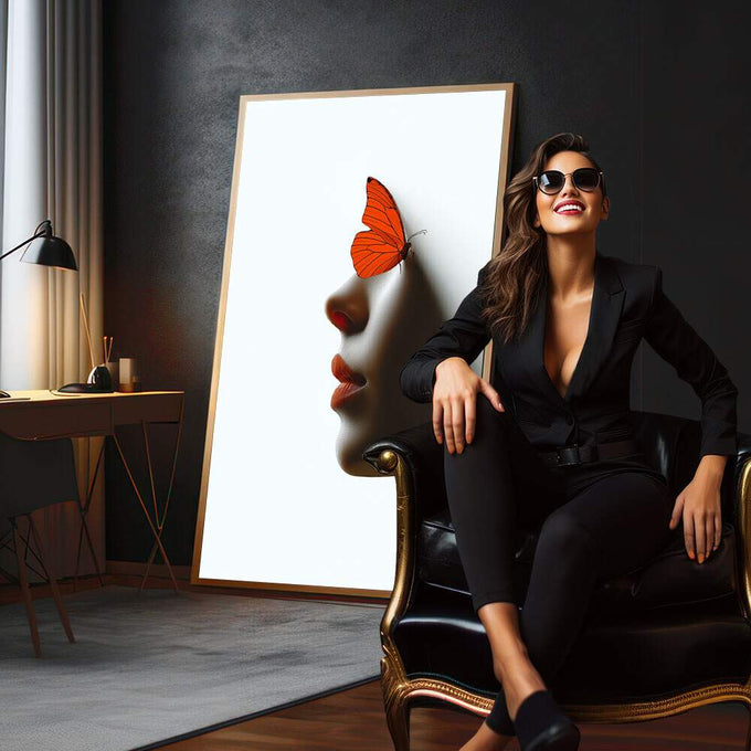 Quadro Decorativo Artística com Borboleta Laranja | quadros decorativos para sala | Perfil feminino em tons neutros com borboleta laranja vibrante sobre a testa em composição artística. | em Quadros para Sala | Porao dos Quadros