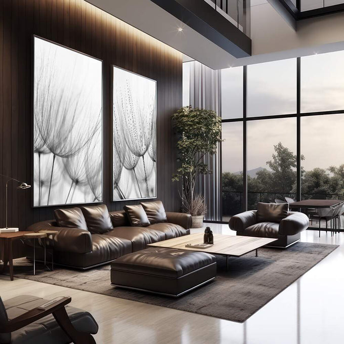 Quadro Decorativo Sinfonia da Natureza: Inspire-se! | quadros decorativos para sala | Dente-de-leão em preto e branco com filamentos delicados em composição panorâmica | em Quadros para Sala | Porao dos Quadros