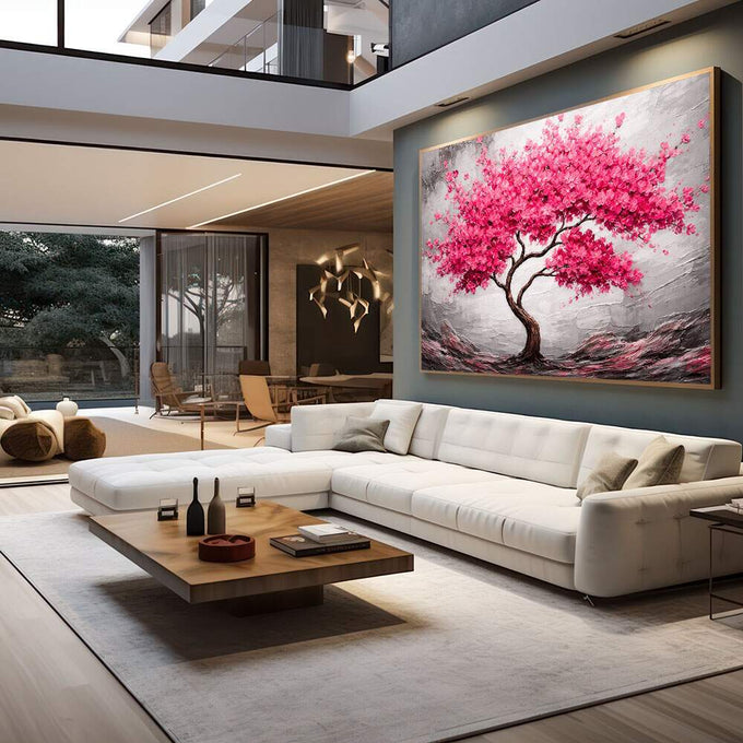 Quadro Decorativo Árvore da Esperança | quadros decorativos para sala | Árvore com galhos retorcidos e flores rosa em explosão contra céu cinzento e solo árido | em Quadros para Sala | Porao dos Quadros