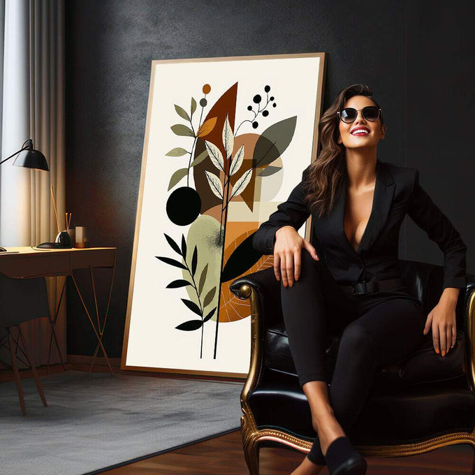 Quadro Decorativo Botânico com Toque Minimalista | quadros decorativos para sala | Composição floral abstrata com folhas em tons bege, marrom e preto formando arranjo vertical sofisticado | em Quadros para Sala | Porao dos Quadros