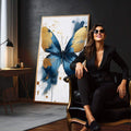 Quadro Decorativo Borboleta Azul e Dourada | quadros decorativos para sala | Borboleta azul e dourado com efeito aquarela e respingos em fundo branco. | em Quadros para Sala | Porao dos Quadros