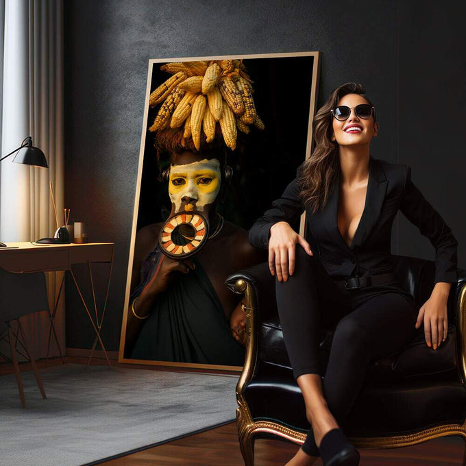 Quadro Decorativo Ancestralidade e Emoção | quadros decorativos para sala | Figura indígena com rosto pintado em dourado, adornos circulares laranja e feixes de milho na cabeça | em Quadros para Sala | Porao dos Quadros