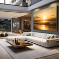 Quadro Decorativo Pôr do Sol com Serenidade | quadros decorativos para sala | Pôr do sol dourado na praia com ondas e brilho refletido na areia molhada. | em Quadros para Sala | Porao dos Quadros