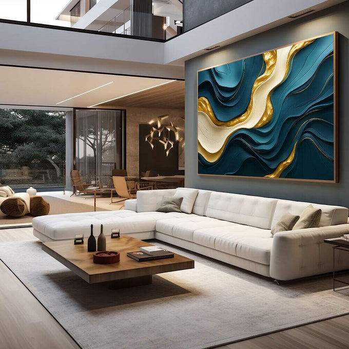 Quadro Decorativo Azul Abstrato Elegante | quadros decorativos para sala | Ondas abstratas em azul profundo e dourado fluindo em composição dinâmica | em Quadros para Sala | Porao dos Quadros