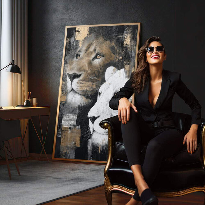 Quadro Decorativo Leões Estilizados Modernos | quadros decorativos para sala | Dois leões em perfil — um dourado e preto, outro branco — em composição de alto contraste expressionista. | em Quadros para Sala | Porao dos Quadros