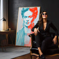 Quadro Decorativo - Frida Kahlo Abstrato em Azul e Vermelho | quadros decorativos para sala | Retrato pop art em vermelho e azul com figura refinada e jóias em composição vibrante. | em Quadros para Sala | Porao dos Quadros