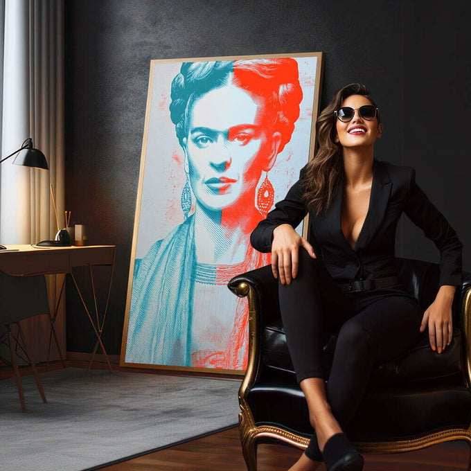 Quadro Decorativo - Frida Kahlo Abstrato em Azul e Vermelho | quadros decorativos para sala | Retrato pop art em vermelho e azul com figura refinada e jóias em composição vibrante. | em Quadros para Sala | Porao dos Quadros