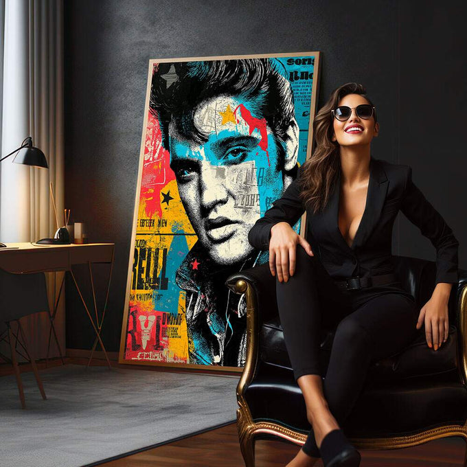 Quadro Decorativo - Energia Musical em Cores | quadros decorativos para sala | Rosto em tons de cinza com cores vibrantes azul, vermelho e amarelo em composição pop art | em Quadros para Sala | Porao dos Quadros