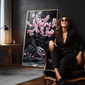 Quadro Decorativo Árvore da Vida com Pétalas Rosas Harmonia e Beleza | quadros decorativos para sala | Árvore com flores rosa vibrantes em ramo preto sobre rochas cinzentas e fundo escuro | em Quadros para Sala | Porao dos Quadros