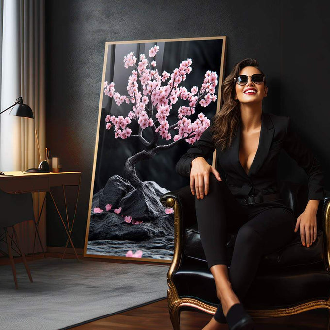 Quadro Decorativo Árvore da Vida com Pétalas Rosas Harmonia e Beleza | quadros decorativos para sala | Árvore com flores rosa vibrantes em ramo preto sobre rochas cinzentas e fundo escuro | em Quadros para Sala | Porao dos Quadros