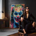 Quadro Decorativo - Retrato do Palhaço Moderno | quadros decorativos para sala | Rosto colorido com olhos azuis, rosa e tons naturais em estilo pop art vibrante | em Quadros para Sala | Porao dos Quadros
